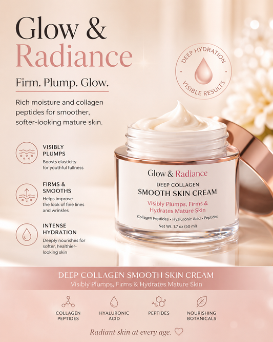 Glow & Radiance Deep Collagen Smooth Skin Cream feature graphic showing hydration, plumping, firming, and smoothing benefits