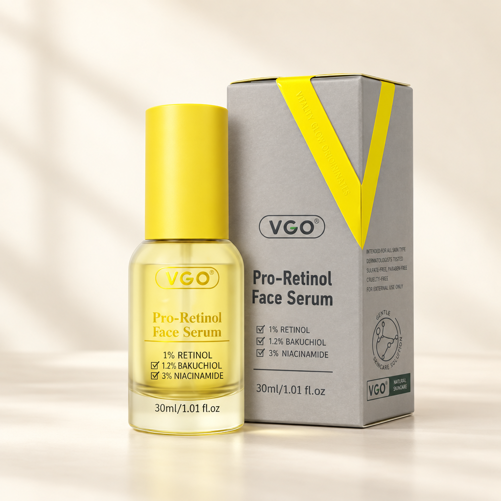 Glow & Radiance Pro-Retinol Face Serum with 1% retinol and bakuchiol on warm ivory background