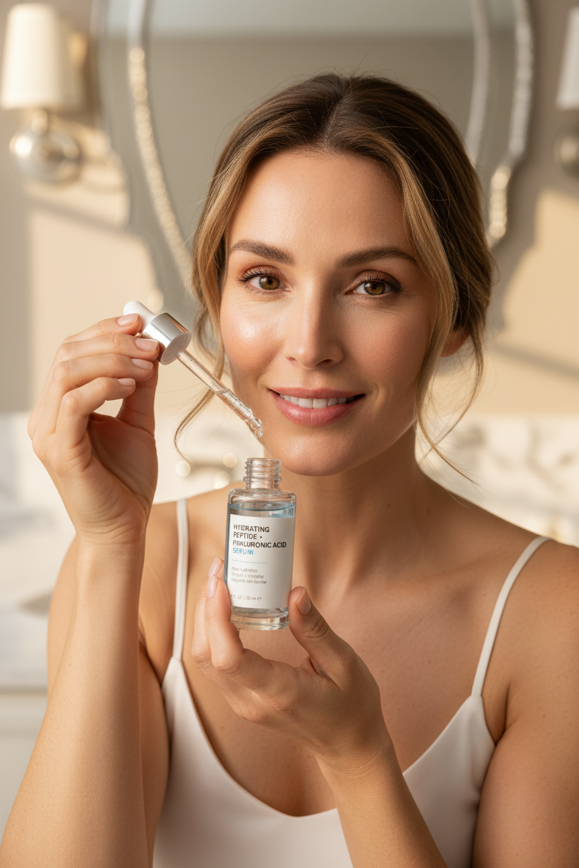 Woman in her 40s applying Hydrating Peptide + Hyaluronic Acid Serum for glowing, radiant skin