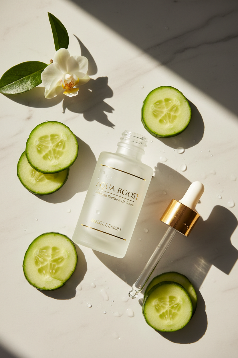 Peptide and hyaluronic acid serum lifestyle flat lay with cucumber slices, white orchid and glass dropper on marble